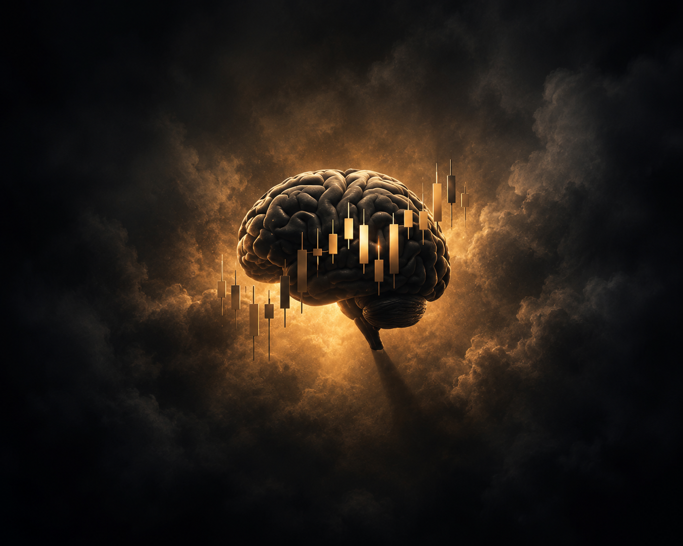 A brain suspended in cloud, threaded with golden candlesticks.
