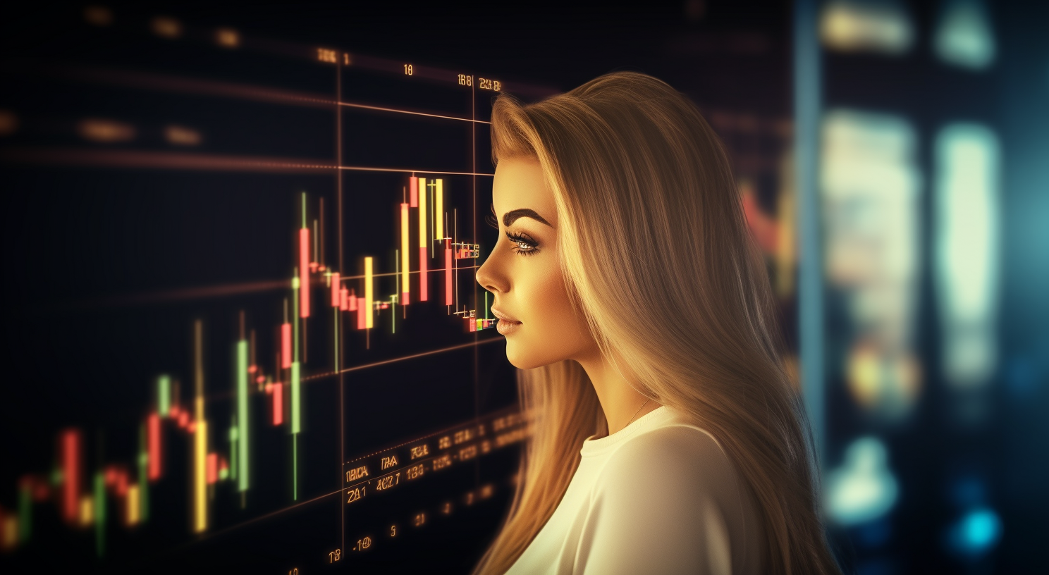 A trader studying a candlestick chart on screen.